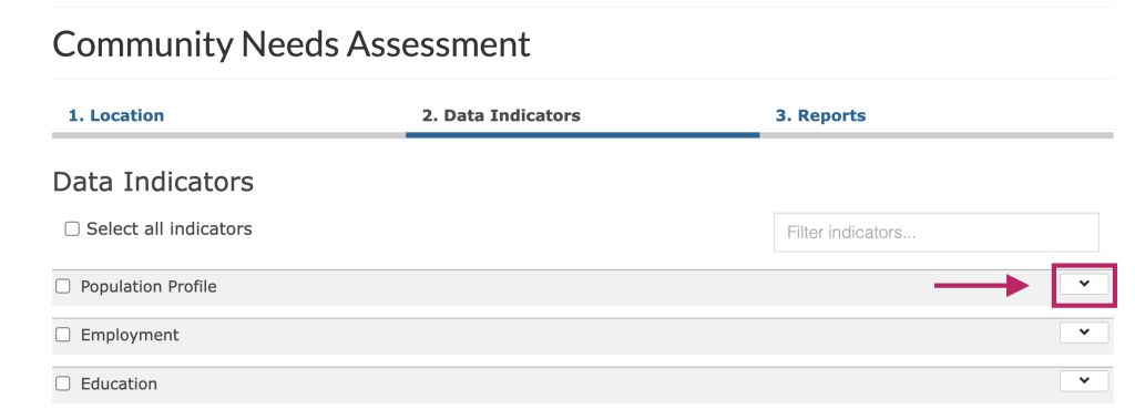 Step 3.1 of the assessment tool. The picture shows a screenshot of the data indicators selection function. Users can click the carets located on the left side of the tool to open the data categories, view available indicators, and select indicators for the report. 