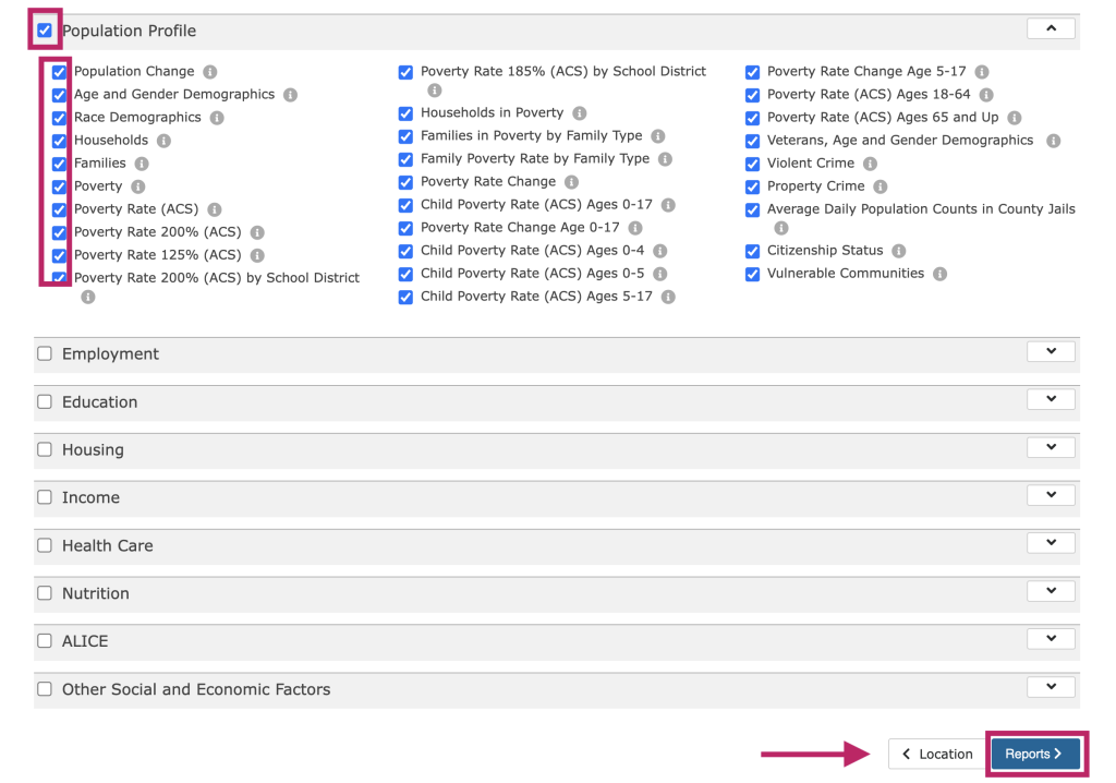 Step 3.2 of the assessment tool. The picture shows a screenshot of the data indicators selection function. Users can click the check box to the left of an indicator name to add it to the report. Users can click the check box to the left of the category name to add an entire category of indicators to the report. The screenshot shows to click the "Reports" button at the bottom right of the screen to move to the next step. 