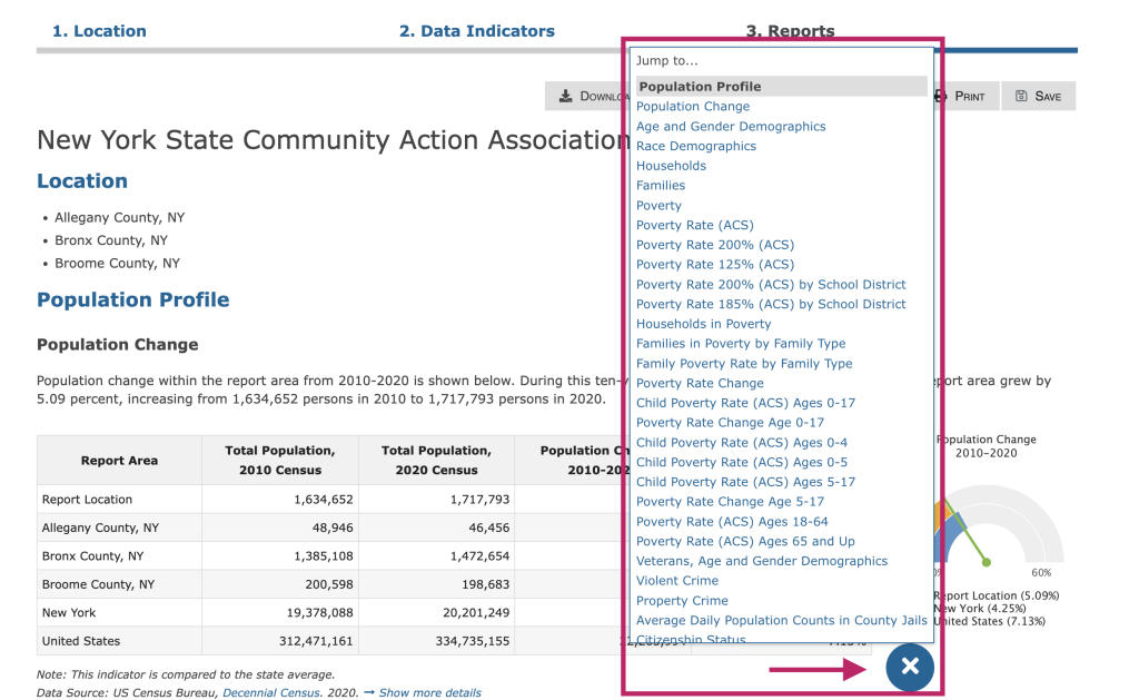 Step 4 of the assessment tool. The picture shows a screenshot of the report and the floating report menu. Users can jump between indicators by clicking an indicator name in the floating menu at the bottom right of the screen. Users can close the floating menu by clicking the round button with the "X" located at the bottom right of the screen. 