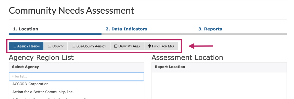 Step 1 of the assessment tool. The picture shows a screenshot of the location selection function. Users can select a geography in the top-level tabs first, then select a more specific geography from the list. This location will be used to create the report. 