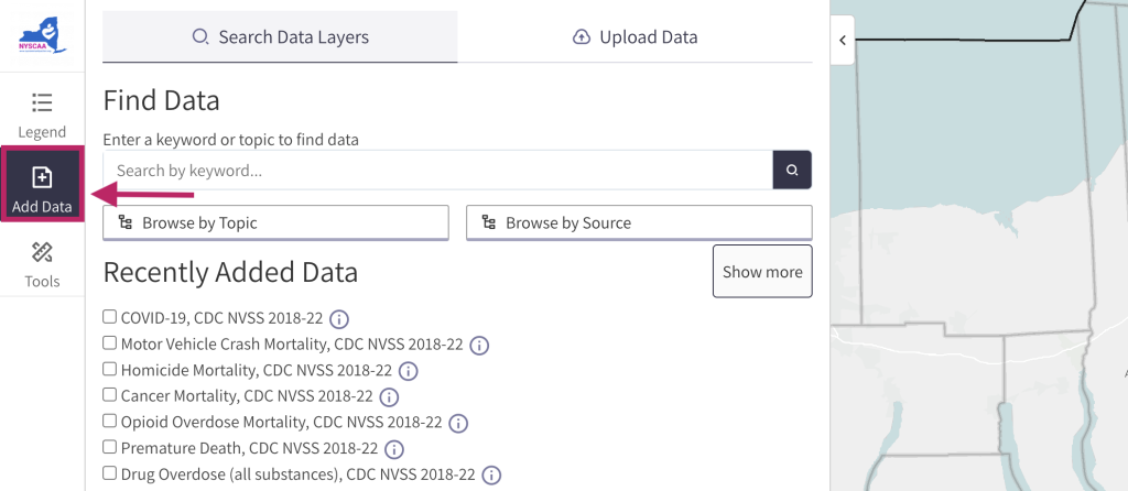 Step 1 of the map room. The picture shows a screenshot of the add data function. Users can click the Add Data button in the left menu to open the search data menu. 