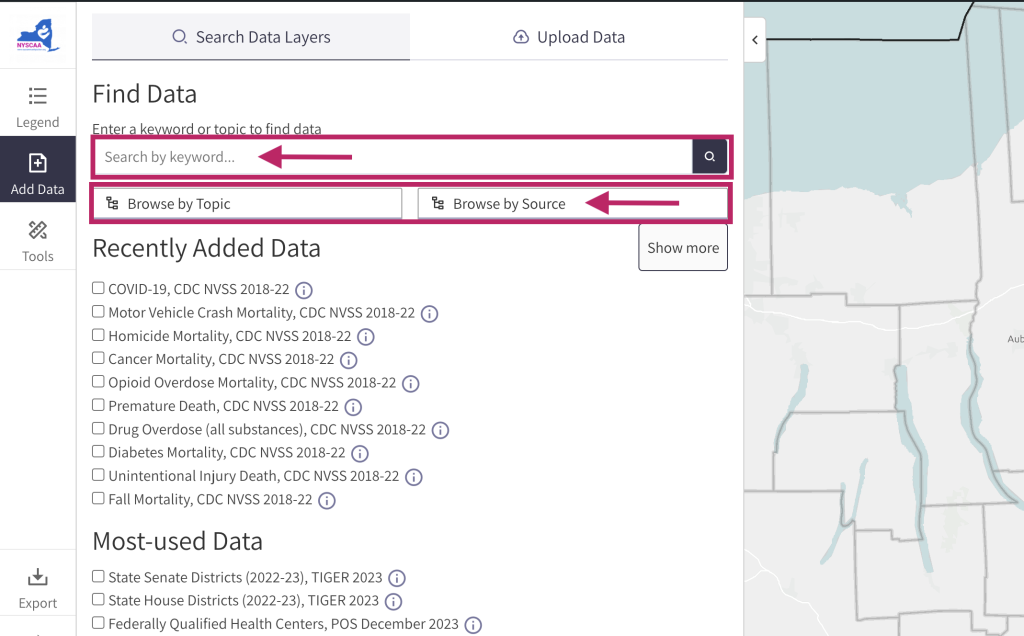 Step 1.1 of the map room. The picture shows a screenshot of the search data window. Users can use keywords to search for map layers or use the "Browse by Topic" and "Browse by Source" buttons to search by topic and source. 