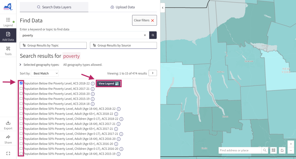 Step 2 of the map room. The picture shows a screenshot of the search data window. Users can click the check box to the left of a layer name to add it to the map. Users can click the "View Legend" button to view the map legend and exit the search data window. 