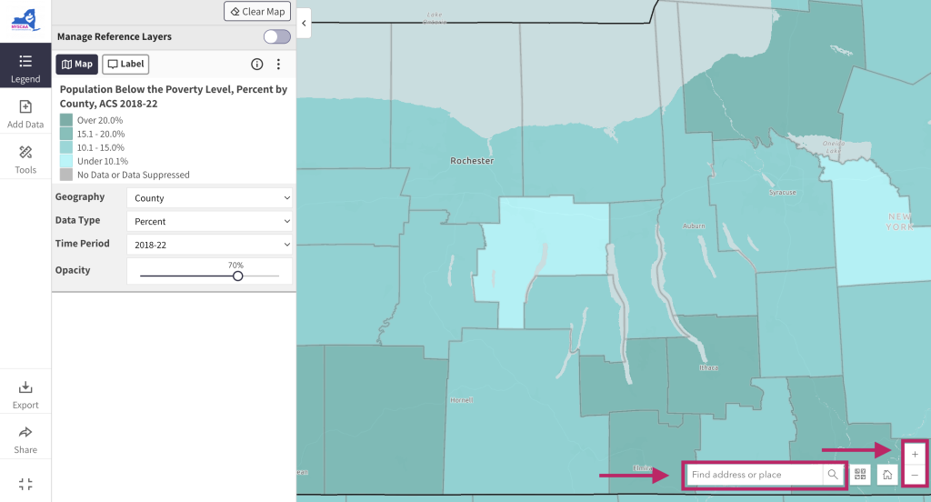 Step 3 of the map room. The picture shows a screenshot of the map room calling out the location search bar and plus and minus buttons at the bottom right of the map room. Users can type in a county, city, or address in the location search bar to zoom in. Users can also use the plus and minus buttons to zoom in and out. 