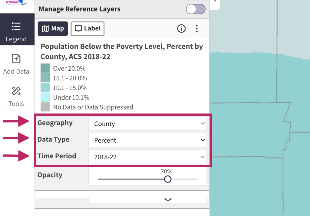 Step 4.1 of the map room. The picture shows an expanded view of the legend in the map room. The drop down menus below to the legend can be used to change the geographic extent of the data on the map, to change the data type from percent to total, or to change time periods (where available).