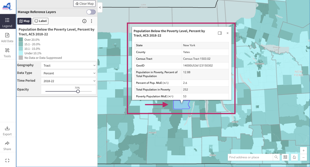 Step 5 of the map room. The picture shows a screenshot of an informational pop up in the map room. Users can click on any location on the map to activate an informational pop up. To close the pop up, click the x in the top right corner of the pop up window. 