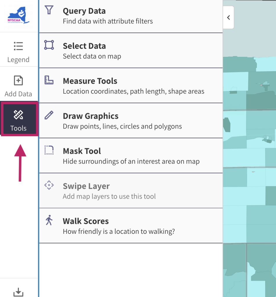 Step 5.1 of the map room. The picture shows a screenshot of the Tools menu. Users can activate the tools menu by clicking the "Tools" button in the left menu. Users can click on any of the available tools to use it or learn more. 